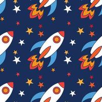 raket rymdskepp med stjärnor sömlös vektor mönster. design för använda sig av bakgrund, textil, tyg, omslag papper och andra isolerat på Marin blå bakgrund.
