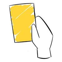 Hand, die ein gelbes Kartensymbol hält. konzept von sport, fußball, fußball, vergehen, schiedsrichter usw. handgezeichnete vektorillustration. vektor