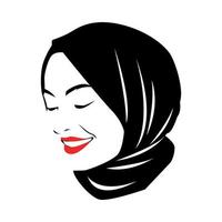 porträtt av en skön kvinna bär en hijab leende. röd läppstift. silhuett logotyp vektor. isolerat vit bakgrund. vektor