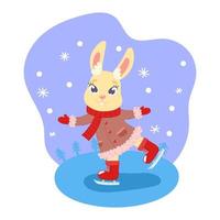 Vektorbild eines niedlichen Hasen in einem Mantel, der auf Schlittschuhen reitet, umgeben von Schneeflocken vektor