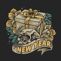 vektor illustration ny år med en skalle gåva låda och några blommor runt om den för t skjorta design