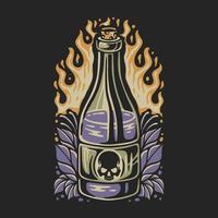 Vektorgrafik Biergetränk mit einem Totenkopf-Logo und einigen Blumen um ihn herum auf einem Feuerhintergrund für T-Shirt-Design vektor