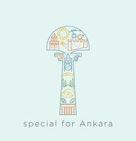 spezielle Icon-Serie für Ankara. Liniencollage in Bezug auf historische Orte, Ankara-Katze, Seilbahn, Mond und Stern, Moschee, Burgmauer, Bagel, innerhalb der Burglinie. vektor