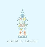 spezielle Icon-Serie für Istanbul. Liniencollage über historische Orte, Moscheen, Brücke, Bagel, Tee, innerhalb der Linie des Galata-Turms. vektor