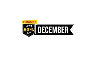 50 Prozent Dezember-Rabattangebot, Räumung, Werbebanner-Layout mit Aufkleberstil. vektor