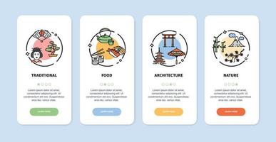 japan resa och turism app skärmar kort uppsättning. vektor