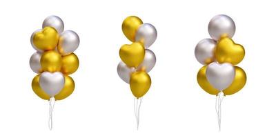 bündel realistischer 3d-goldener und silberner luftballons, herzform. vektorillustrationsdekoration für karte, party, design, flyer, poster, banner, web, werbung vektor