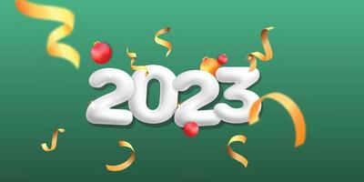 3D-Vektor-Feiertags-Banner-Vorlage frohes neues Jahr 2023 grüner Hintergrund mit goldverdrehter Konfetti-Dekoration fliegendes rotes Flitter-Design vektor