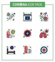 9 gefüllte Linien flache Farbe Coronavirus Epidemie Icon Pack saugen als Pille Kapsel Medikament Antivirus Virus virales Coronavirus 2019nov Krankheitsvektor Designelemente vektor