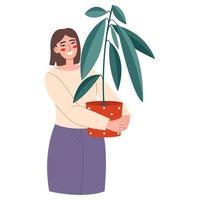 ung kvinna med avokado växt i röd pott. grön livsstil, noll avfall, vegetarianism, miljö bevarande begrepp. vektor