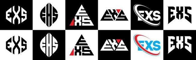 exs-Buchstaben-Logo-Design in sechs Stilen. exs Polygon, Kreis, Dreieck, Sechseck, flacher und einfacher Stil mit schwarz-weißem Buchstabenlogo in einer Zeichenfläche. Exs minimalistisches und klassisches Logo vektor