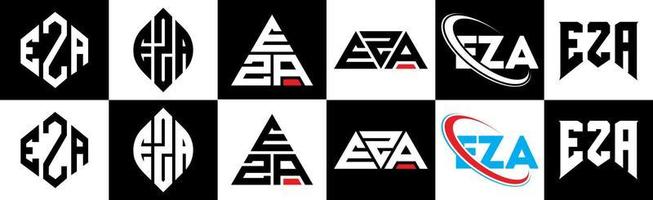 Eza-Brief-Logo-Design in sechs Stilen. eza polygon, kreis, dreieck, hexagon, flacher und einfacher stil mit schwarz-weißem buchstabenlogo in einer zeichenfläche. eza minimalistisches und klassisches Logo vektor