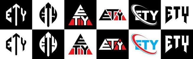 ety-Buchstaben-Logo-Design in sechs Stilen. Ety-Polygon, Kreis, Dreieck, Sechseck, flacher und einfacher Stil mit schwarz-weißem Buchstabenlogo in einer Zeichenfläche. ety minimalistisches und klassisches Logo vektor