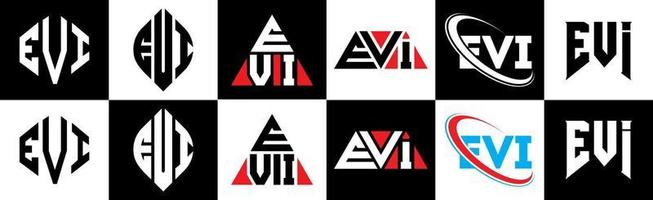 evi brev logotyp design i sex stil. evi polygon, cirkel, triangel, sexhörning, platt och enkel stil med svart och vit Färg variation brev logotyp uppsättning i ett rittavla. evi minimalistisk och klassisk logotyp vektor