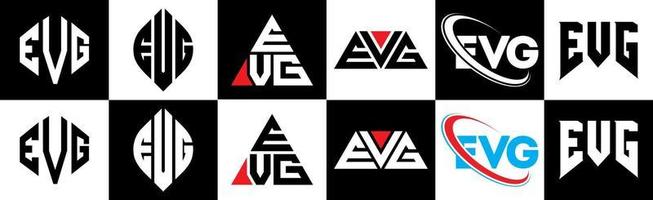 Evg-Buchstaben-Logo-Design in sechs Stilen. evg polygon, kreis, dreieck, sechseck, flach und einfacher stil mit schwarz-weißem buchstabenlogo in einer zeichenfläche. evg minimalistisches und klassisches Logo vektor