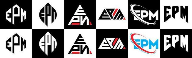 epm-Buchstaben-Logo-Design in sechs Stilen. epm Polygon, Kreis, Dreieck, Sechseck, flacher und einfacher Stil mit schwarz-weißem Buchstabenlogo in einer Zeichenfläche. epm minimalistisches und klassisches Logo vektor