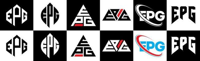 epg-Buchstaben-Logo-Design in sechs Stilen. epg-polygon, kreis, dreieck, sechseck, flacher und einfacher stil mit schwarz-weißem buchstabenlogo in einer zeichenfläche. epg minimalistisches und klassisches Logo vektor