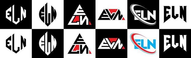 eln-Buchstaben-Logo-Design in sechs Stilen. eln Polygon, Kreis, Dreieck, Sechseck, flacher und einfacher Stil mit schwarzem und weißem Farbvariations-Buchstabenlogo auf einer Zeichenfläche. eln minimalistisches und klassisches Logo vektor