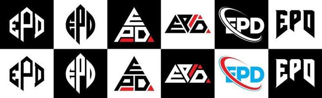 epd brev logotyp design i sex stil. epd polygon, cirkel, triangel, sexhörning, platt och enkel stil med svart och vit Färg variation brev logotyp uppsättning i ett rittavla. epd minimalistisk och klassisk logotyp vektor