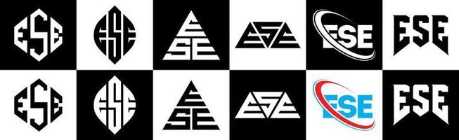 Ese-Buchstaben-Logo-Design in sechs Stilen. Dieses Polygon, Kreis, Dreieck, Sechseck, flacher und einfacher Stil mit schwarz-weißem Buchstabenlogo in einer Zeichenfläche. Dieses minimalistische und klassische Logo vektor