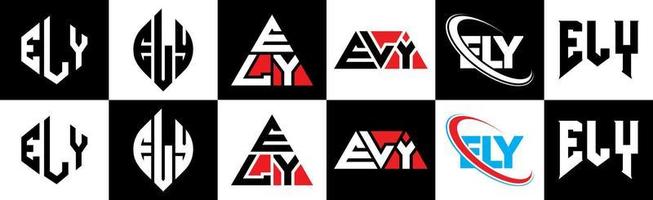 ely brev logotyp design i sex stil. ely polygon, cirkel, triangel, sexhörning, platt och enkel stil med svart och vit Färg variation brev logotyp uppsättning i ett rittavla. ely minimalistisk och klassisk logotyp vektor