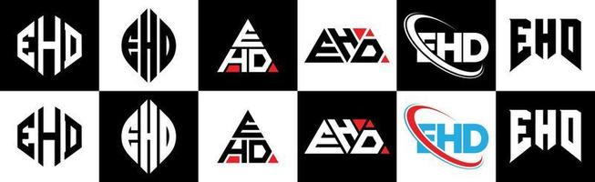 ehd brev logotyp design i sex stil. ehd polygon, cirkel, triangel, sexhörning, platt och enkel stil med svart och vit Färg variation brev logotyp uppsättning i ett rittavla. ehd minimalistisk och klassisk logotyp vektor