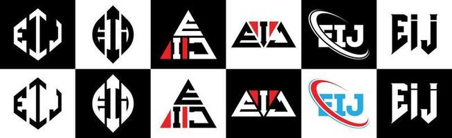 Eij-Buchstaben-Logo-Design in sechs Stilen. eij polygon, kreis, dreieck, sechseck, flacher und einfacher stil mit schwarz-weißem buchstabenlogo in einer zeichenfläche. eij minimalistisches und klassisches Logo vektor