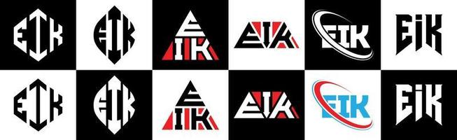 Eik-Buchstaben-Logo-Design in sechs Stilen. Eik-Polygon, Kreis, Dreieck, Sechseck, flacher und einfacher Stil mit schwarz-weißem Buchstabenlogo in einer Zeichenfläche. Eik minimalistisches und klassisches Logo vektor