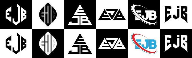 ejb brev logotyp design i sex stil. ejb polygon, cirkel, triangel, sexhörning, platt och enkel stil med svart och vit Färg variation brev logotyp uppsättning i ett rittavla. ejb minimalistisk och klassisk logotyp vektor