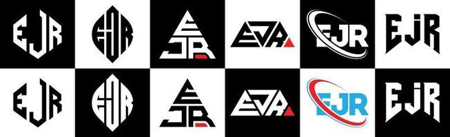 EJR-Brief-Logo-Design in sechs Stilen. ejr polygon, kreis, dreieck, sechseck, flacher und einfacher stil mit schwarz-weißem buchstabenlogo in einer zeichenfläche. ejr minimalistisches und klassisches Logo vektor