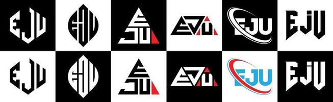 Eju-Brief-Logo-Design in sechs Stilen. Eju-Polygon, Kreis, Dreieck, Sechseck, flacher und einfacher Stil mit schwarz-weißem Buchstabenlogo in einer Zeichenfläche. eju minimalistisches und klassisches Logo vektor