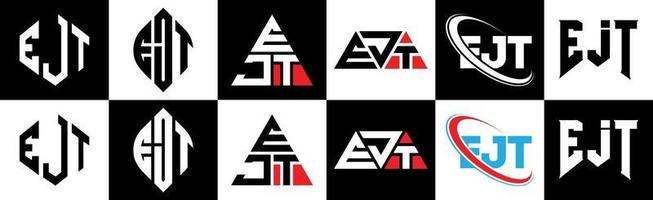 Ejt-Buchstaben-Logo-Design in sechs Stilen. ejt polygon, kreis, dreieck, sechseck, flacher und einfacher stil mit schwarz-weißem buchstabenlogo in einer zeichenfläche. ejt minimalistisches und klassisches Logo vektor