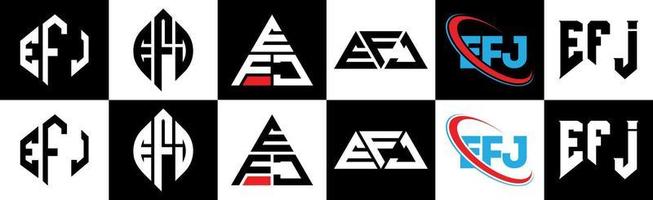 efj-Buchstaben-Logo-Design in sechs Stilen. efj polygon, kreis, dreieck, hexagon, flacher und einfacher stil mit schwarz-weißem farbvariationsbuchstabenlogo in einer zeichenfläche. efj minimalistisches und klassisches Logo vektor
