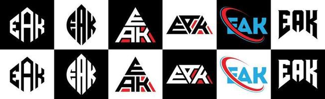 eak brev logotyp design i sex stil. eak polygon, cirkel, triangel, sexhörning, platt och enkel stil med svart och vit Färg variation brev logotyp uppsättning i ett rittavla. eak minimalistisk och klassisk logotyp vektor