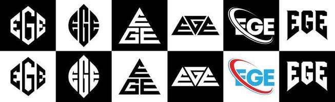 ege-Buchstaben-Logo-Design in sechs Stilen. ege Polygon, Kreis, Dreieck, Sechseck, flacher und einfacher Stil mit schwarz-weißem Buchstabenlogo in einer Zeichenfläche. ege minimalistisches und klassisches Logo vektor