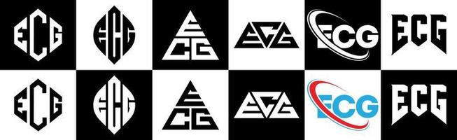 EKG-Brief-Logo-Design in sechs Stilen. EKG-Polygon, Kreis, Dreieck, Sechseck, flacher und einfacher Stil mit schwarz-weißem Buchstabenlogo in einer Zeichenfläche. EKG minimalistisches und klassisches Logo vektor