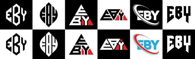 eby-Buchstaben-Logo-Design in sechs Stilen. Eby-Polygon, Kreis, Dreieck, Sechseck, flacher und einfacher Stil mit schwarz-weißem Buchstabenlogo in einer Zeichenfläche. eby minimalistisches und klassisches Logo vektor