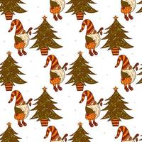 sömlös mönster. jul gnome Nästa till jul träd. vektor