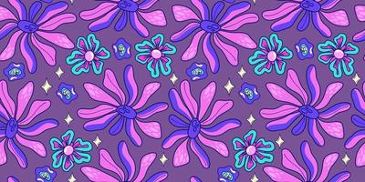 nahtloses trippiges psychedelisches blumenmuster. lila psychedelisches nahtloses Muster. magischer Blumengänseblümchendruck. Trippy Design Hippie floral flache Illustration. Retro-Y2K-Druck vektor