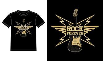 vintage label mit rock forever und gitarren-t-shirt-design-vorlage, autofensteraufkleber, pod, cover, isolierter schwarzer hintergrund vektor