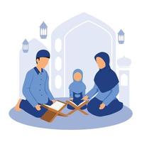 muslim familj läsning quran tillsammans. de förälder är undervisning deras dotter vektor