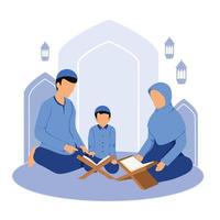 islamische illustration der muslimischen familie, die gemeinsam den koran liest vektor