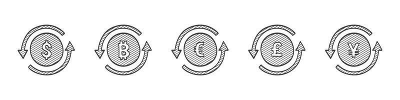 Münzen Zeichen. Geld- und Zahlungssymbole. finanzielle Vektorsymbole. hand gezeichnete vektorillustration vektor