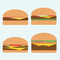 fyra hamburgare uppsättning. från enkel ostburgare till dubbel- och trippel- ostburgare med tomat och grönsak. burger mat vektor illustration uppsättning främre se. kan vara Begagnade för snabb mat restaurang.