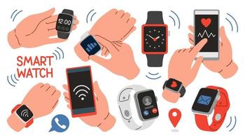 Vektorset für intelligente Uhren. Smartwatch-Sammlung isoliert auf weißem Hintergrund. Smartwatch zur Hand vektor