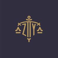 monogramm zy logo für eine anwaltskanzlei mit geometrischer skala und schwertstil vektor