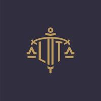 monogramm lt logo für eine anwaltskanzlei mit geometrischer skala und schwertstil vektor