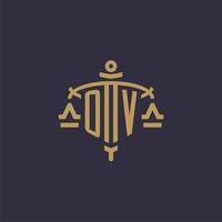 Monogramm-Ov-Logo für Anwaltskanzlei mit geometrischer Skala und Schwertstil vektor