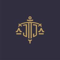 monogramm jj logo für anwaltskanzlei mit geometrischer skala und schwertstil vektor