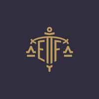 monogramm-ef-logo für eine anwaltskanzlei mit geometrischer skala und schwertstil vektor